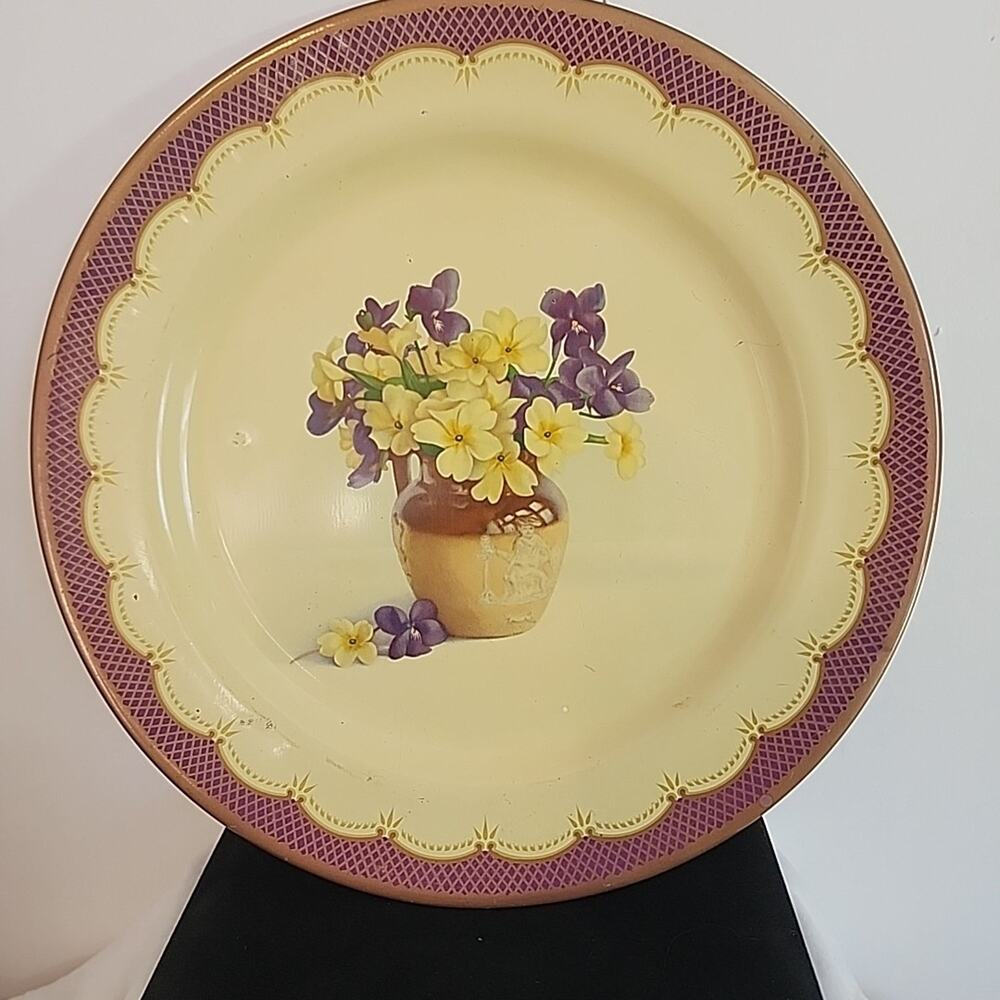 Vtg Baret Ware Tin Plate 10" Made in England Primroses & Violets Floral